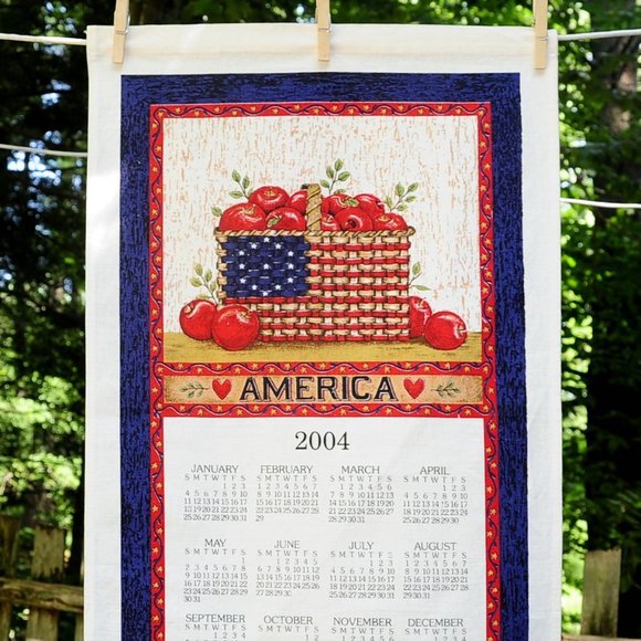VTG 2004 America Basket Patriotic Calendar Tea Towel Americana by Deb Strain - Picture 2 of 8